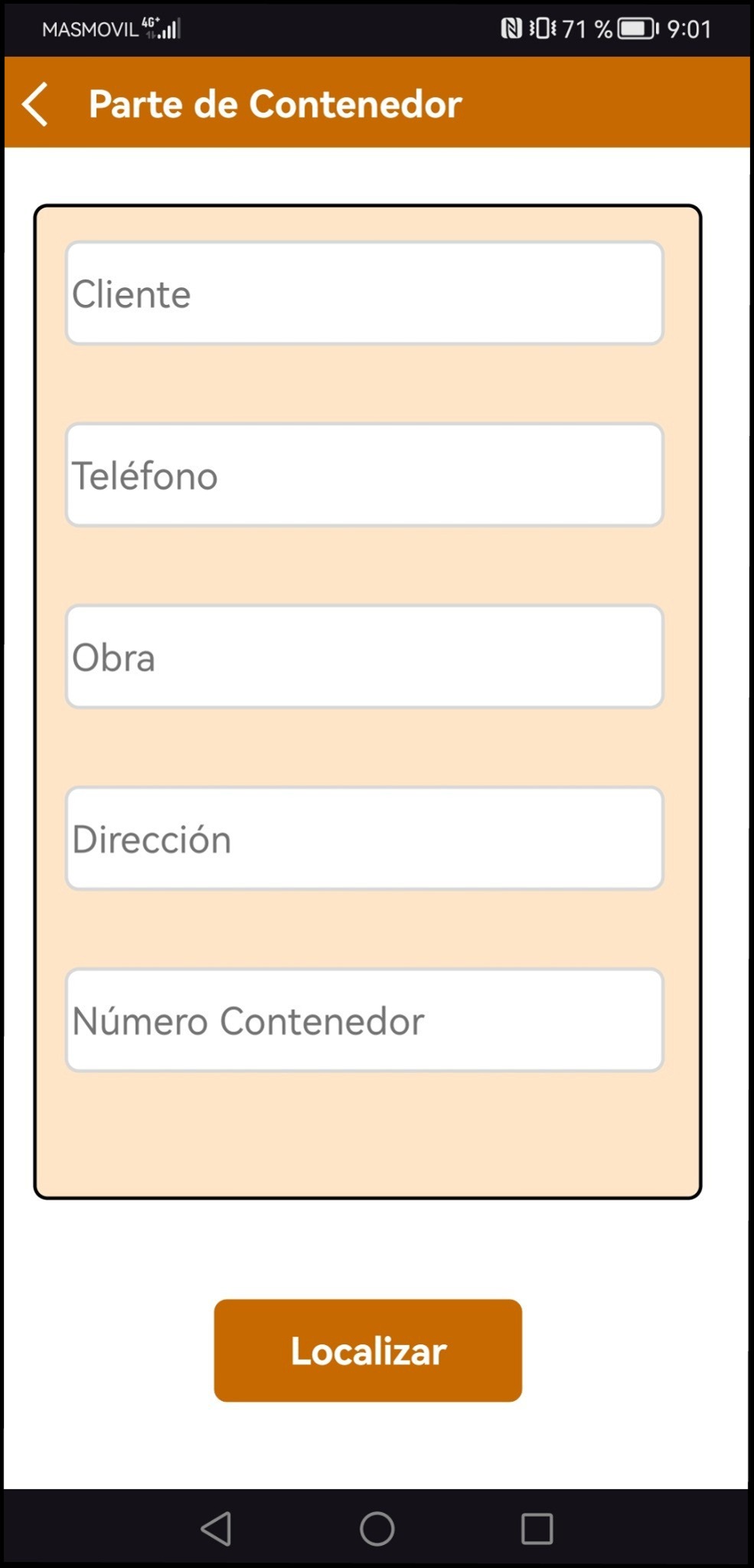 Formulario para introducir cliente, teléfono, obra, dirección y número de contenedor