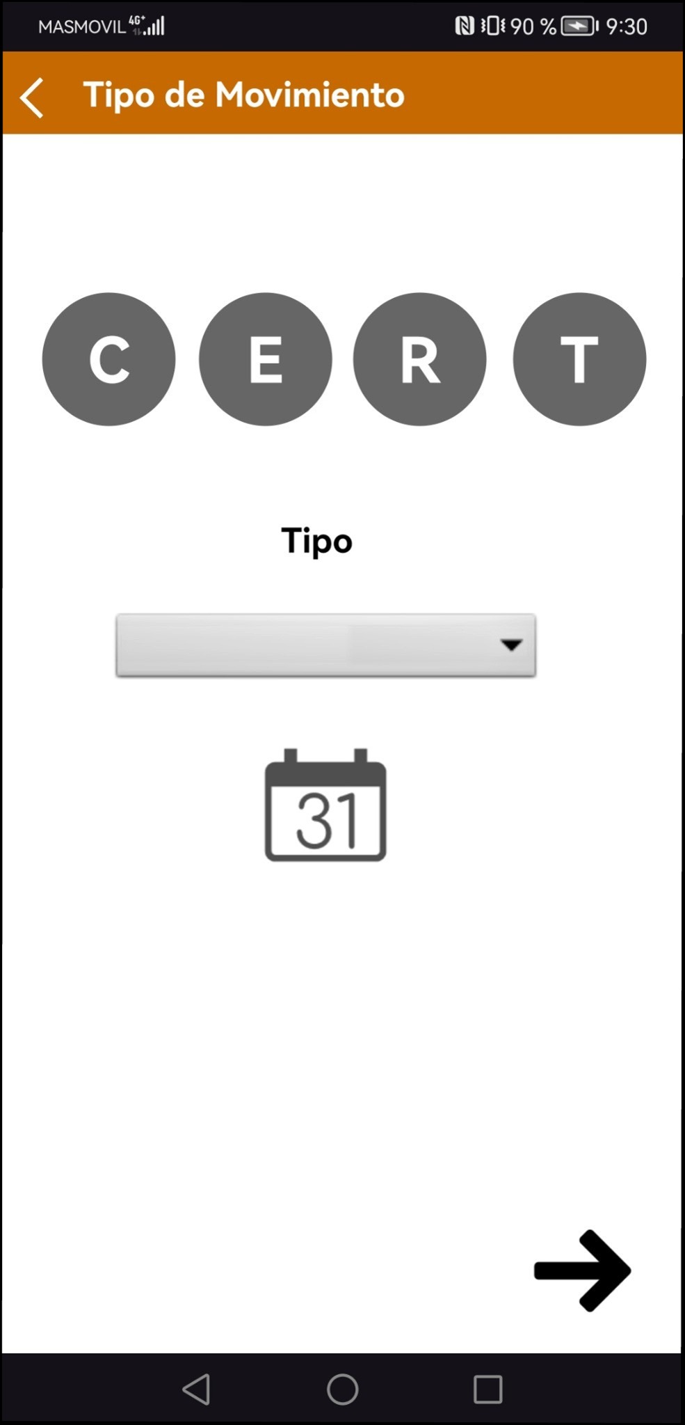 Pantalla de tipo de movimiento con acceso al calendario