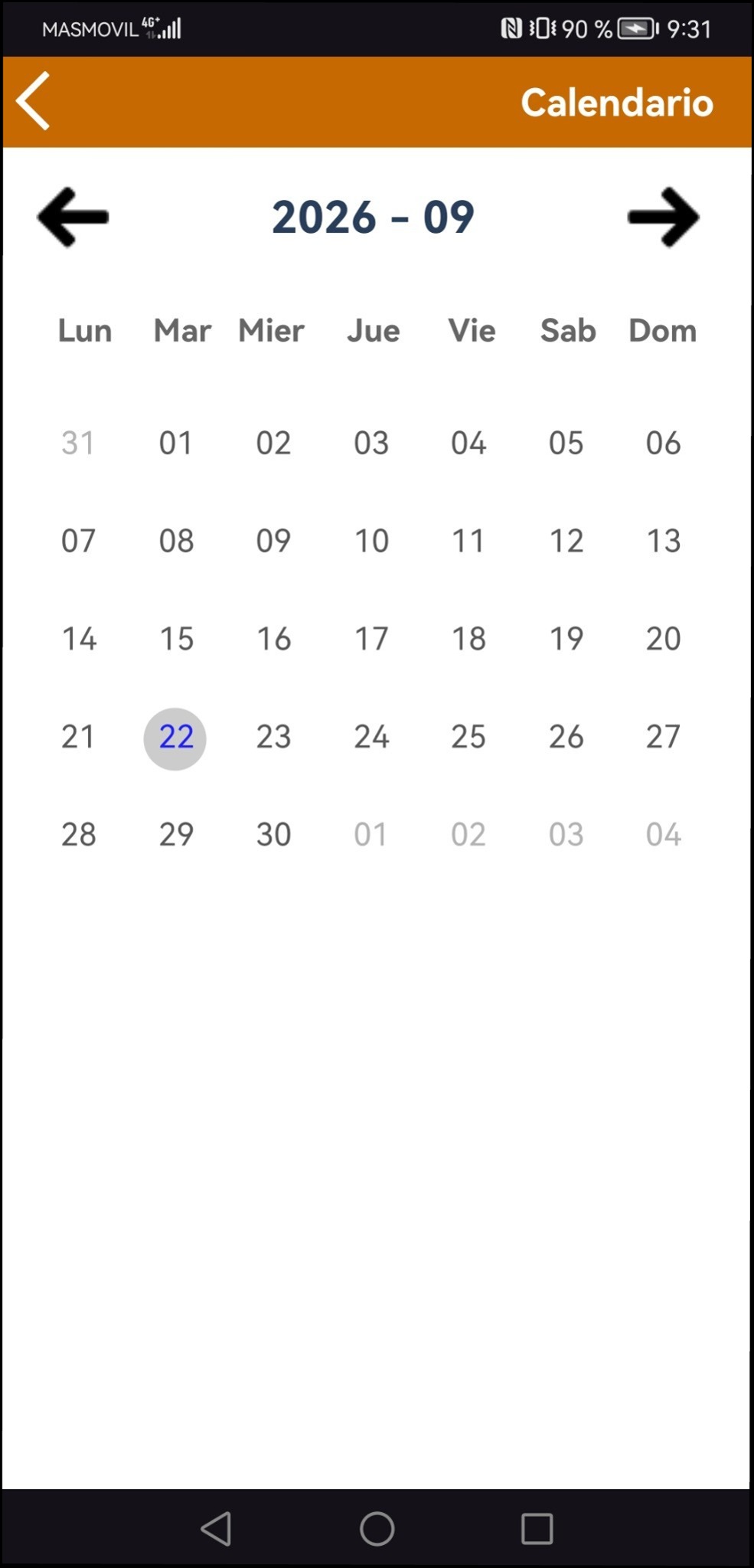 Calendario para seleccionar el día del movimiento