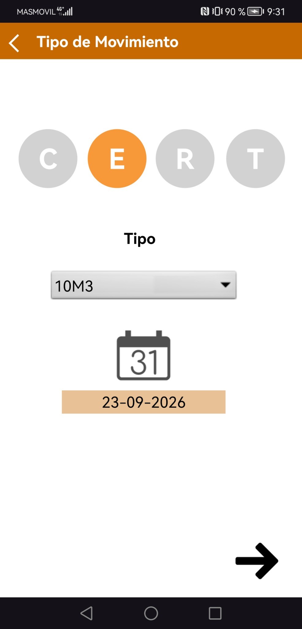 Pantalla de la APP para seleccionar entrega, tipo de contenedor y fecha