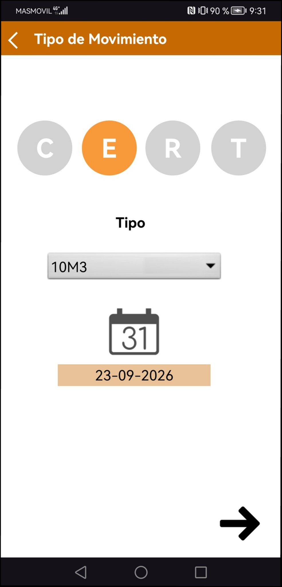 Selección de Cambio, Entrega, Retirada o Transporte en la APP